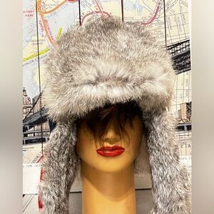 Chic Real Rabbit Fur w Red Whit n Blue Wool Trapper Hat